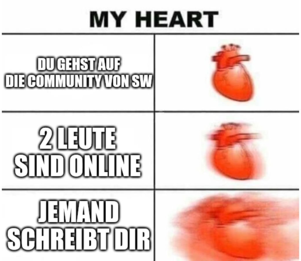 MY HEART
DU GEHST AUF
DIE COMMUNITY VON SW
2 LEUTE
SIND ONLINE
JEMAND
SCHREIBT DIR