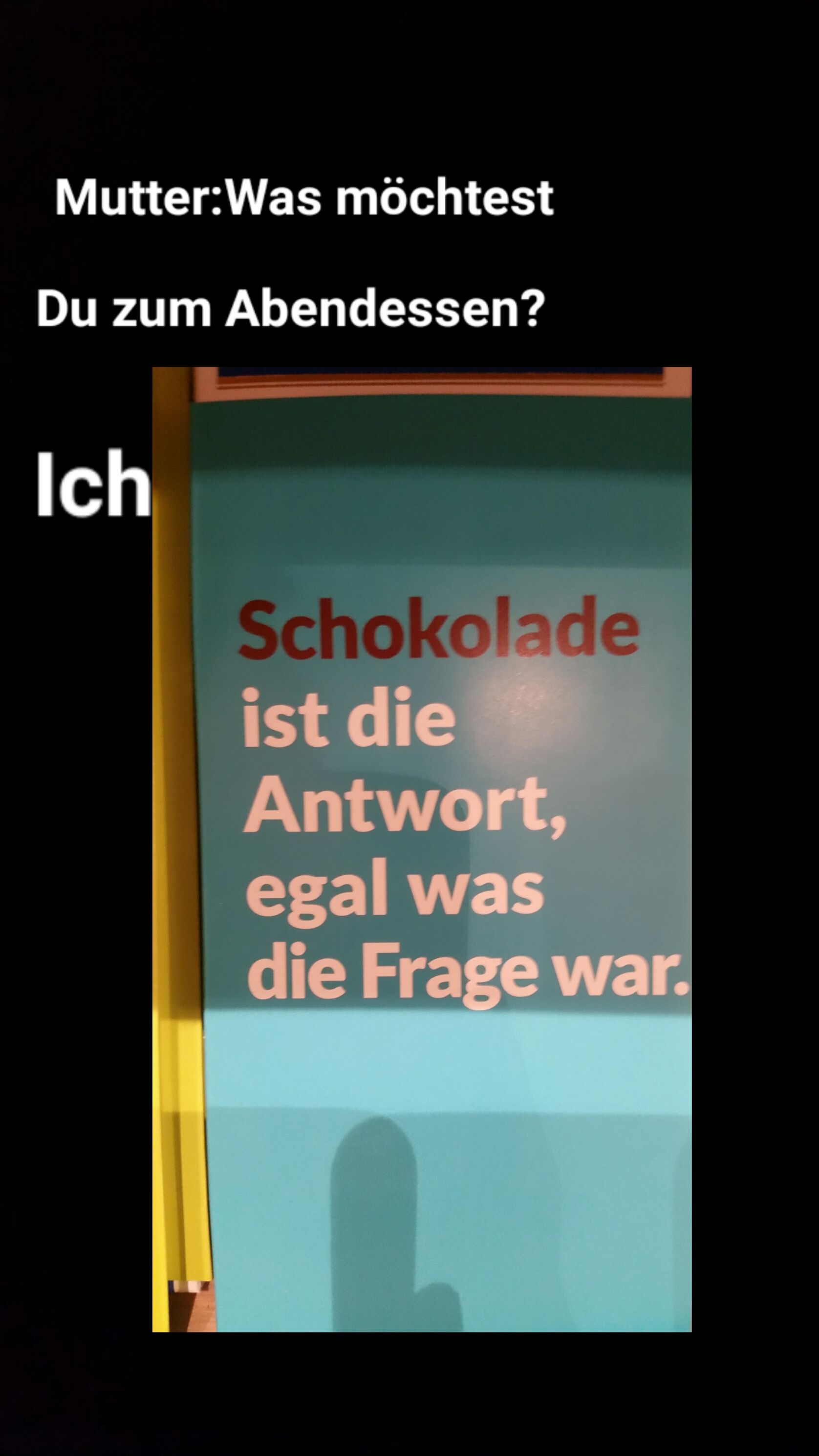 Mutter:Was möchtest
Du zum Abendessen?
Ich
Schokolade
ist die
Antwort,
egal was
die Frage war.