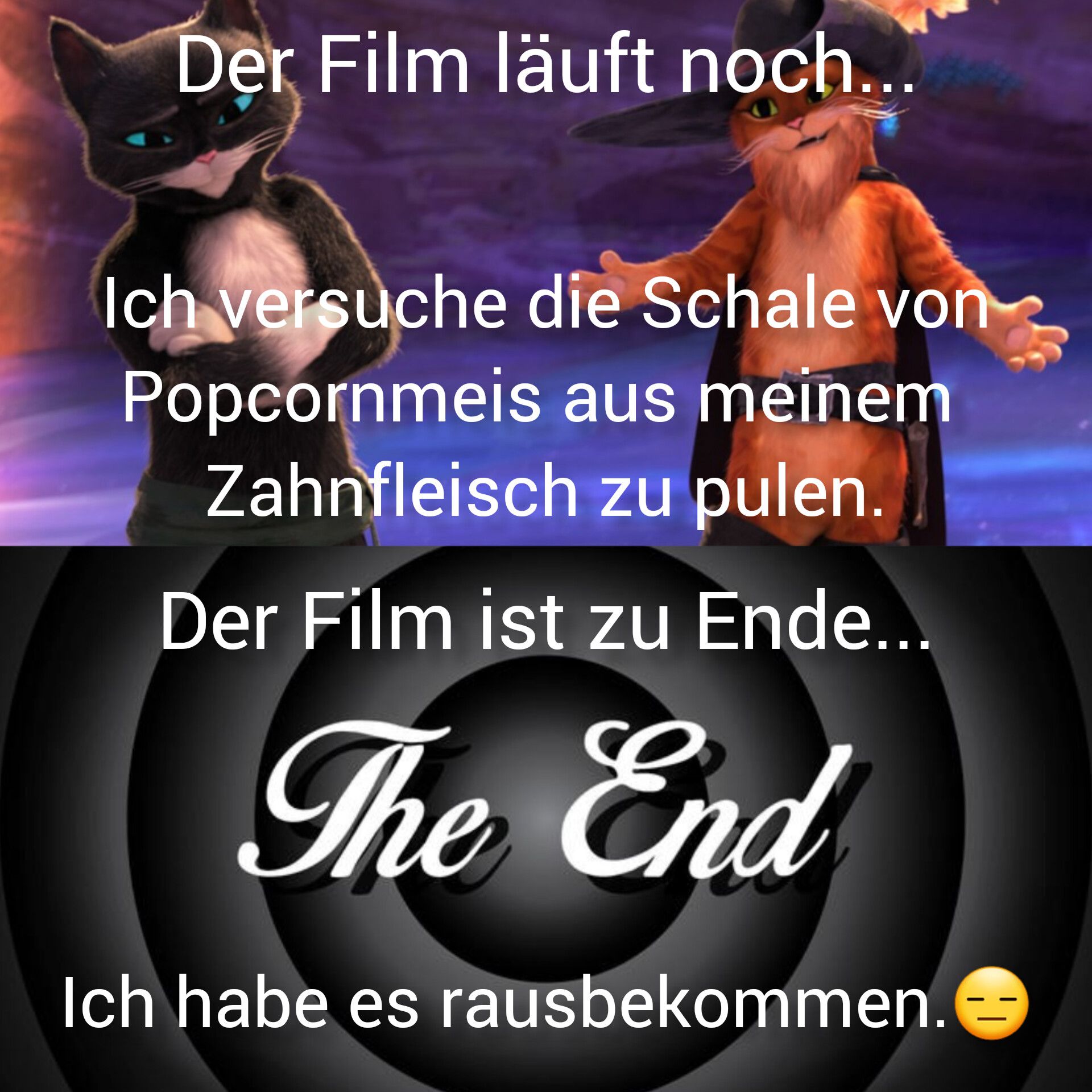 Der Film läuft noch...
Ich versuche die Schale von
Popcornmeis aus meinem
Zahnfleisch zu pulen.
Der Film ist zu Ende...
The End
Ich habe es rausbekommen.