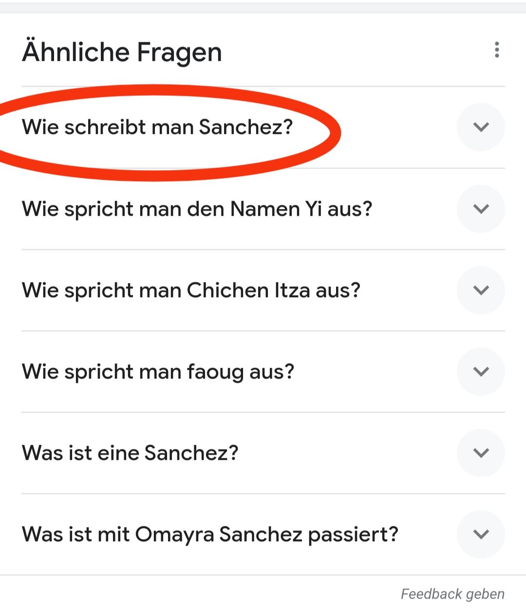 Ähnliche Fragen
Wie schreibt man Sanchez?
Wie spricht man den Namen Yi aus?
Wie spricht man Chichen Itza aus?
Wie spricht man faoug aus?
Was ist eine Sanchez?
Was ist mit Omayra Sanchez passiert?
>
>
<
<
:
Feedback geben