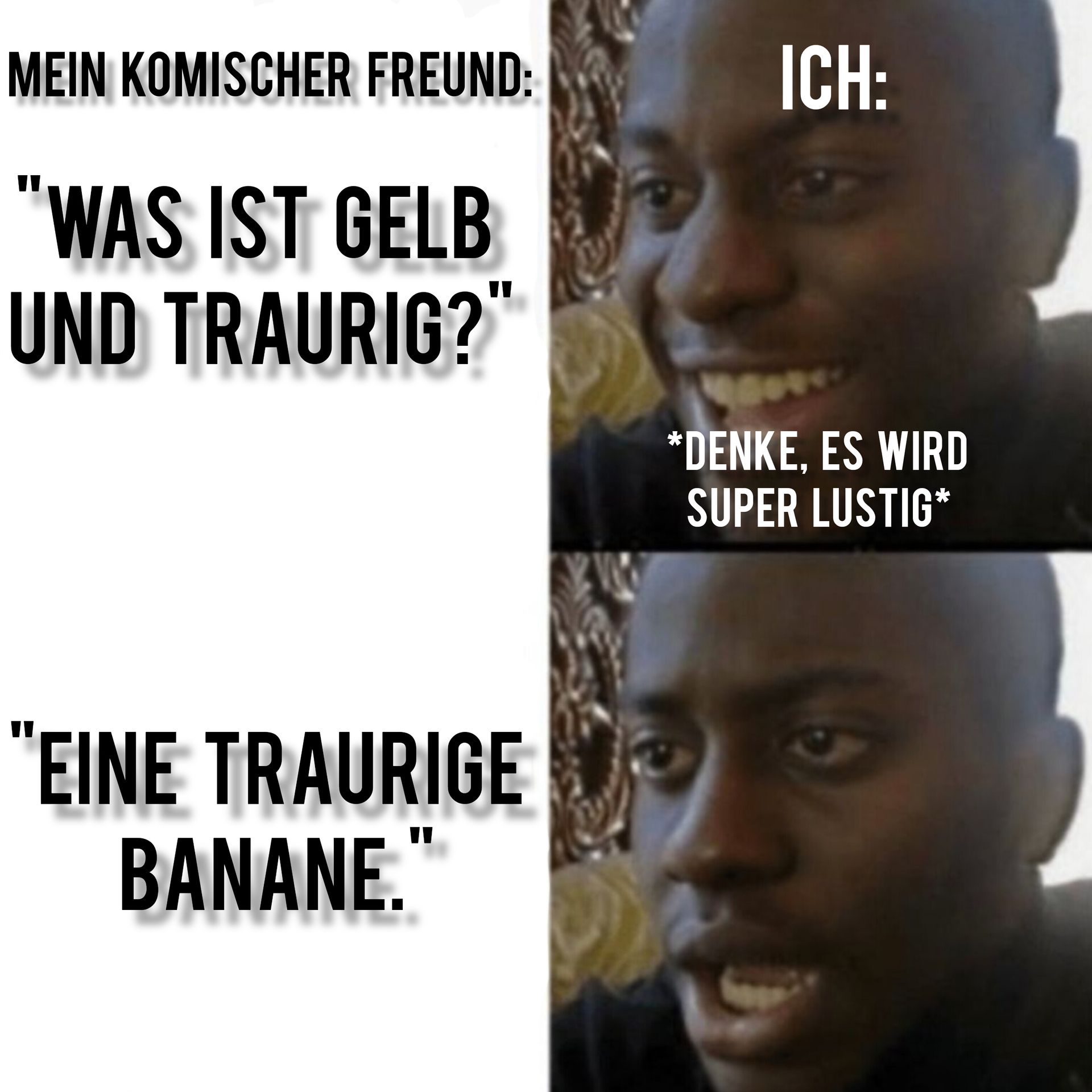 MEIN KOMISCHER FREUND:
"WAS IST GELB
UND TRAURIG?"
"EINE TRAURIGE
BANANE.
ICH:
*DENKE, ES WIRD
SUPER LUSTIG*