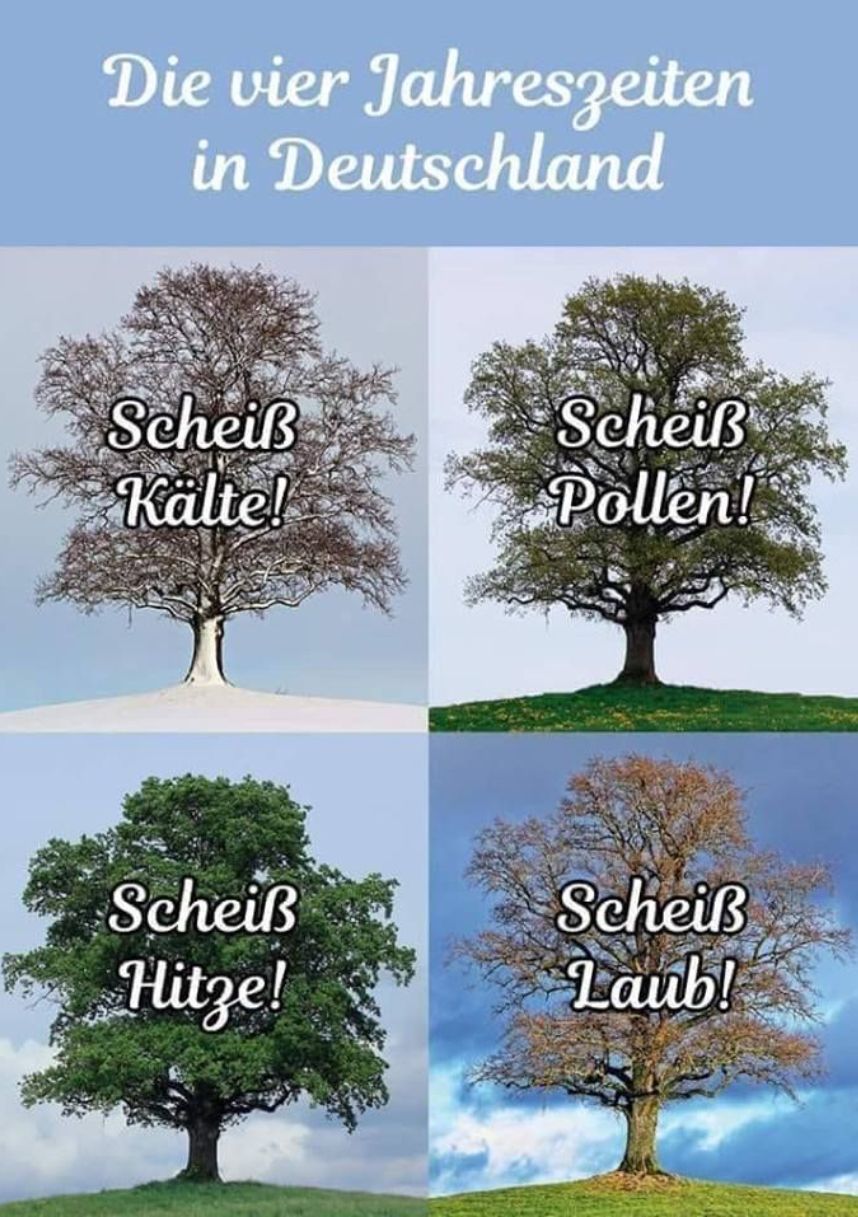 Die vier Jahreszeiten
in Deutschland
Scheiß
Kälte!
Scheiß
Hitze!
Scheiß
Pollen!
Scheiß
Laub!