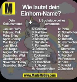 M
Dein
Geburtsmonat
Wie lautet dein
Einhorn-Name?
Januar: Fluffy
Februar: Pink
März: Shiny
April: Cheeky
Mai: Happy
Juni: Black
Juli: Magic
August: Prinzessin
September: Wild
Oktober: Sexy
November: Homy
Dezember: Baby
1. Buchstabe deines
Vornamens
A: Coconut
B: Rainbow
C: Fluttershy
D: Moonlight
E: Sunshine
F: Pummelfee
G: Snickers
H: Salami
1: Zuckerwatte
J: Glitter
K: Flauschball
L: Lollipop
M: Hasenöhrchen
www.MadeMyDay.com
N: Pizza
O: Schnittcher
P: Sugar
Q: Butterfly
R: Krümelcher
S: Pupsi
T: Sternchen
U: Schnucki
V: Puschel
W: Prosecco
X: Keks
Y: Knödel
Z: Zucchini