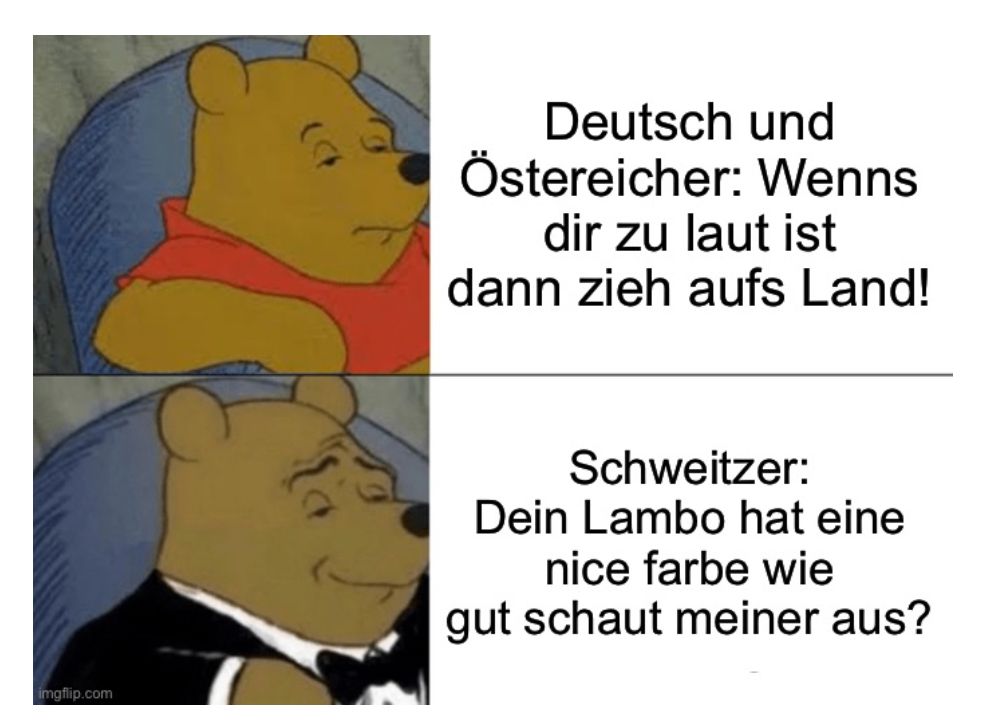 Ein Meme mit zwei Bildern von Winnie Puh. Oben: Winnie Puh schaut ernst und daneben steht: "Deutsch und Österreicher: Wenns dir zu laut ist, dann zieh aufs Land!". Unten: Winnie Puh im Anzug schaut grinsend und daneben steht: "Schweitzer: Dein Lambo hat eine nice Farbe, wie gut schaut meiner aus?"