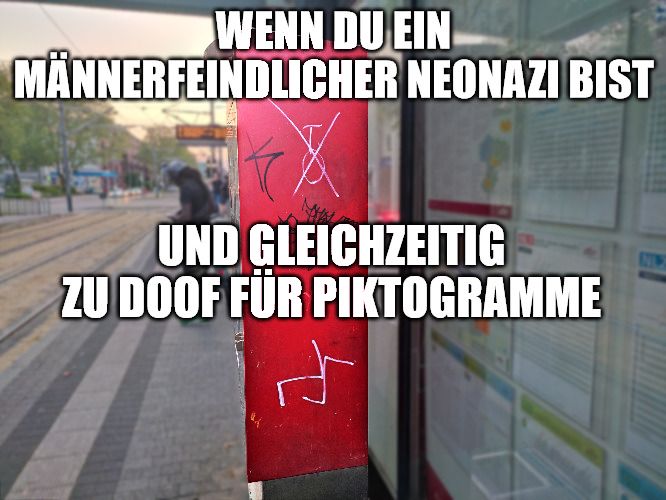 Ein roter Pfosten mit Graffiti, darunter eine Hakenkreuz-Schmiererei, davor eine Haltestelle. Der Text lautet: "Wenn du ein männerfeindlicher Neonazi bist und gleichzeitig zu doof für Piktogramme."