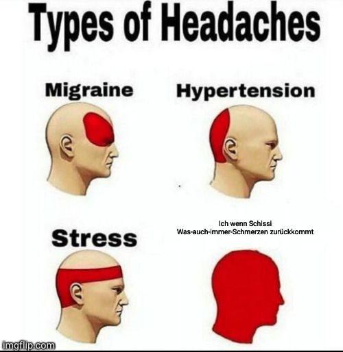 Types of Headaches
Migraine
Stress
imgflip.com
Hypertension
Ich wenn Schissi
Was-auch-Immer-Schmerzen zurückkommt