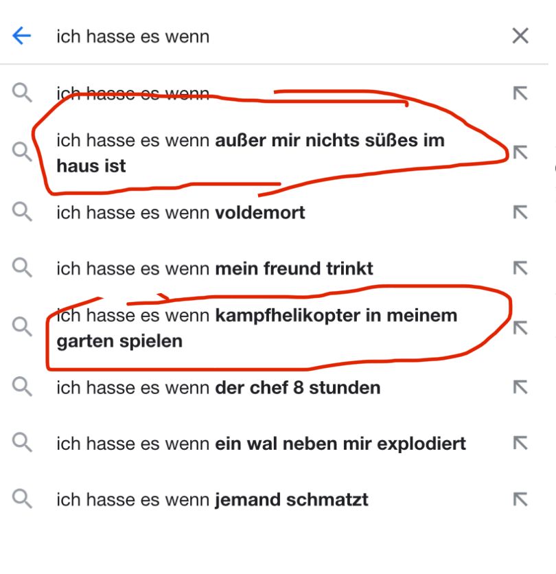 ←
ich hasse es wenn
Qich hasse es wenn
ich hasse es wenn außer mir nichts süßes im
haus ist
Qich hasse es wenn voldemort
Q
Qich hasse es wenn mein freund trinkt
ich hasse es wenn kampfhelikopter in meinem
garten spielen
Qich hasse es wenn der chef 8 stunden
Qich hasse es wenn ein wal neben mir explodiert
Qich hasse es wenn jemand schmatzt
X
71
K
71
기 기기
к к к