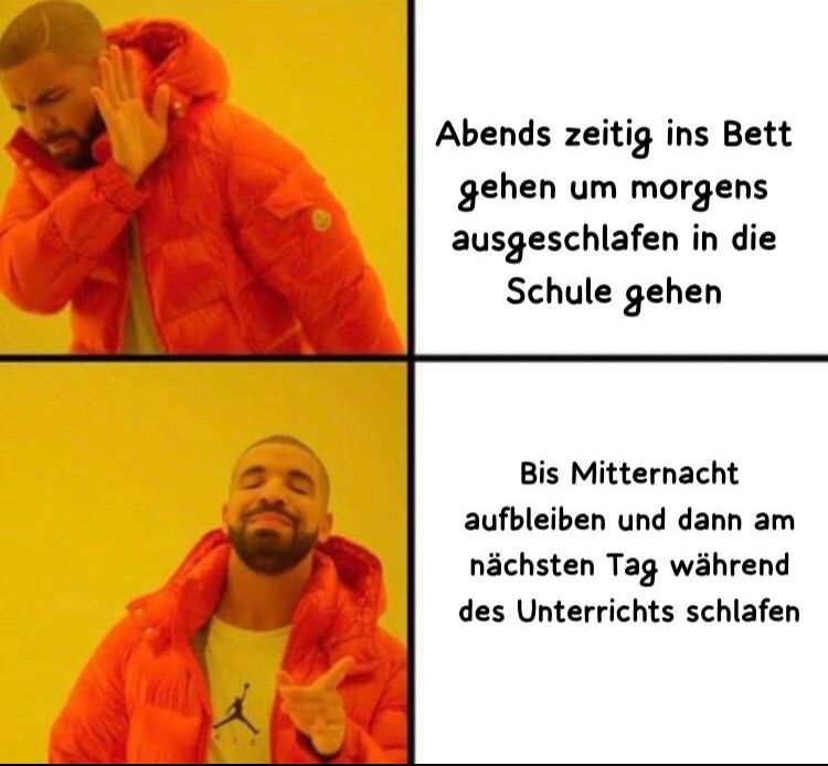 Abends zeitig ins Bett
gehen um morgens
ausgeschlafen in die
Schule gehen
Bis Mitternacht
aufbleiben und dann am
nächsten Tag während
des Unterrichts schlafen