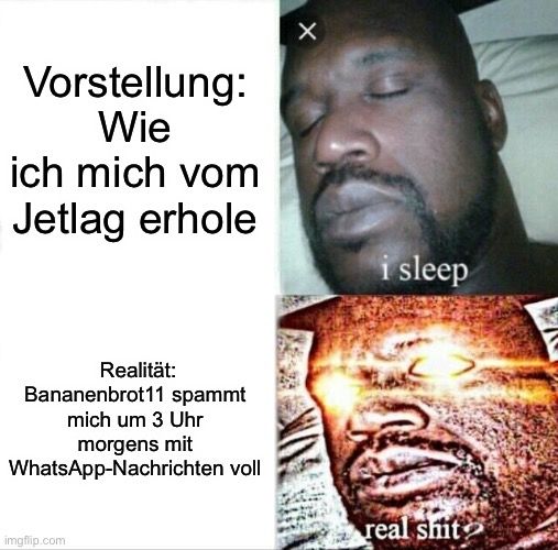 Vorstellung:
Wie
ich mich vom
Jetlag erhole
Realität:
Bananenbrot11 spammt
mich um 3 Uhr
morgens mit
WhatsApp-Nachrichten voll
imgflip.com
X
i sleep
real shit