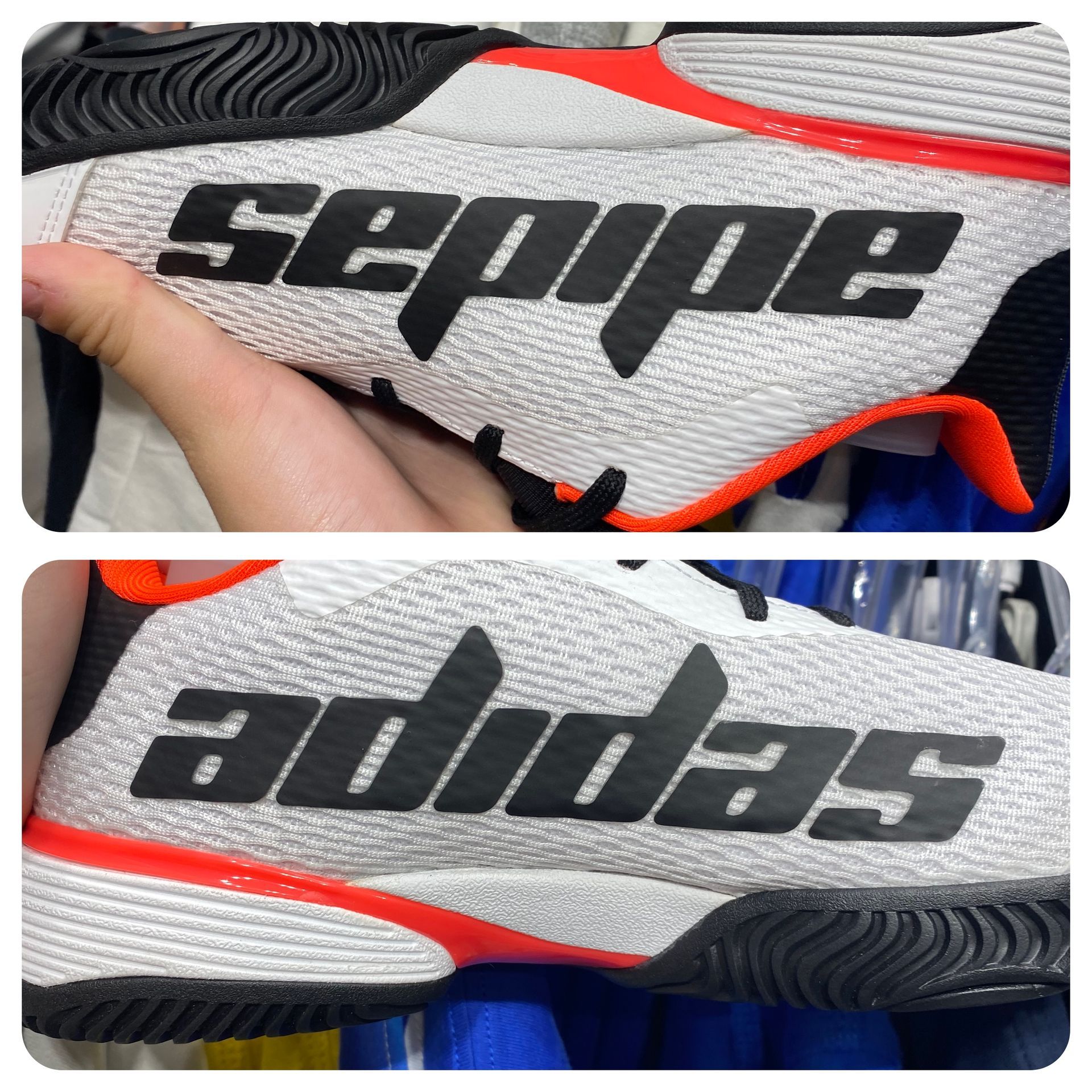 Zwei Bilder von einem weißen Sportschuh mit roten Akzenten. Auf dem oberen Bild steht in schwarzer Schrift "sepipe" und im unteren Bild "adidas".