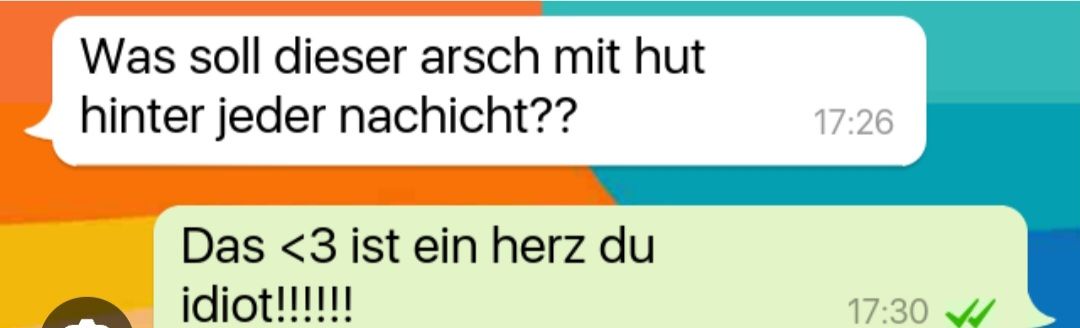 Was soll dieser arsch mit hut
hinter jeder nachicht??
Das <3 ist ein herz du
idiot!!!!!!!
17:26
17:30 ✔