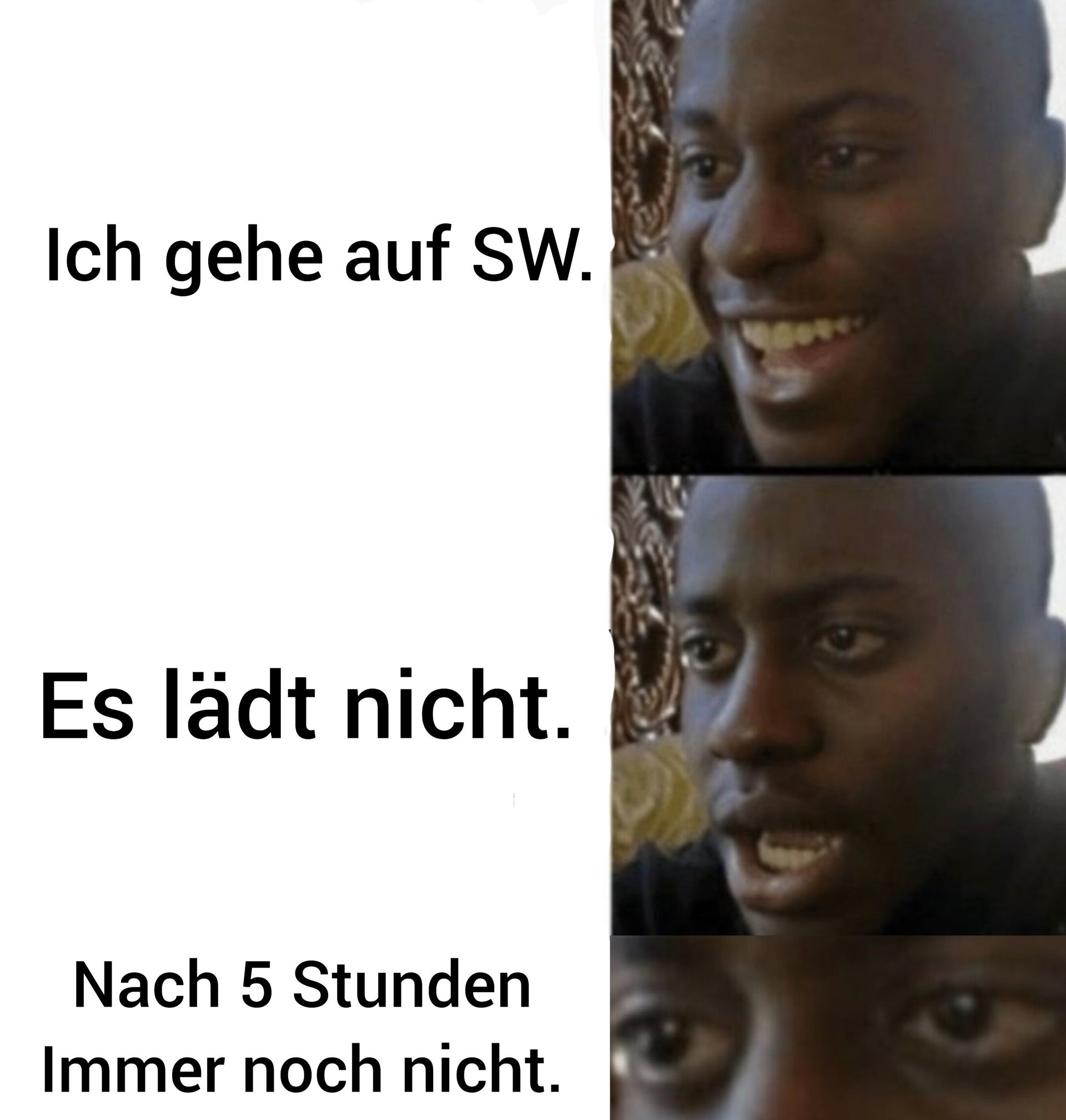 Ich gehe auf SW.
Es lädt nicht.
Nach 5 Stunden
Immer noch nicht.