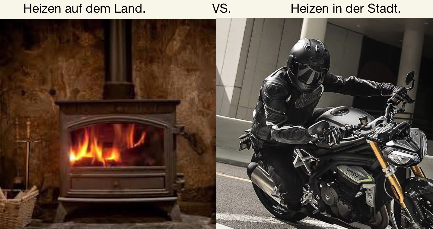 Heizen auf dem Land.
VS.
Heizen in der Stadt.
SPRE
Olo