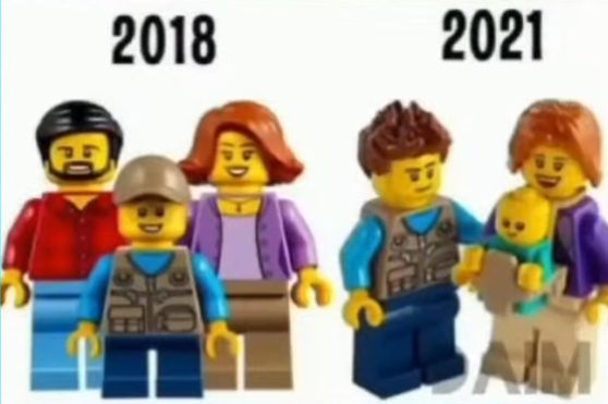 Das Bild zeigt eine Lego-Familie im Jahr 2018 und 2021. 2018 sieht man einen Mann, eine Frau und ein Kind. 2021 sieht man ein Kind, eine Frau mit Baby. Die Jahreszahlen 2018 und 2021 sind über den jeweiligen Familien abgebildet. Unten rechts befindet sich ein Wasserzeichen "AM".