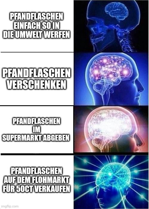 PFANDFLASCHEN
EINFACH SO IN
DIE UMWELT WERFEN
PFANDFLASCHEN
VERSCHENKEN
PFANDFLASCHEN
IM
SUPERMARKT ABGEBEN
PFANDFLASCHEN
AUF DEM FLOHMARKT
FÜR 50CT VERKAUFEN
