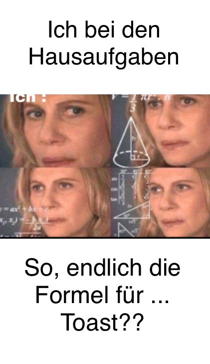 Ich bei den
Hausaufgaben
A
Icn :
ax+bec
4
So, endlich die
Formel für ...
Toast??