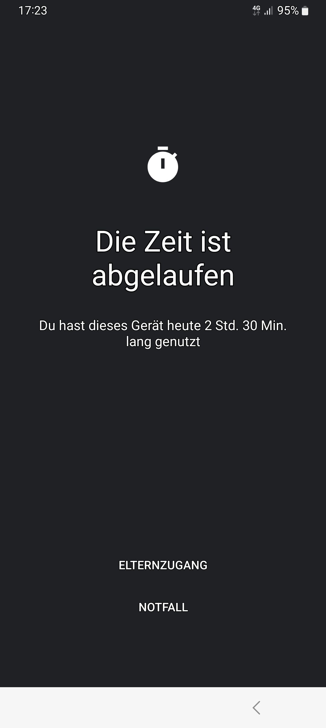 17:23
Die Zeit ist
abgelaufen
Du hast dieses Gerät heute 2 Std. 30 Min.
lang genutzt
ELTERNZUGANG
4G 95%
↓↑
NOTFALL