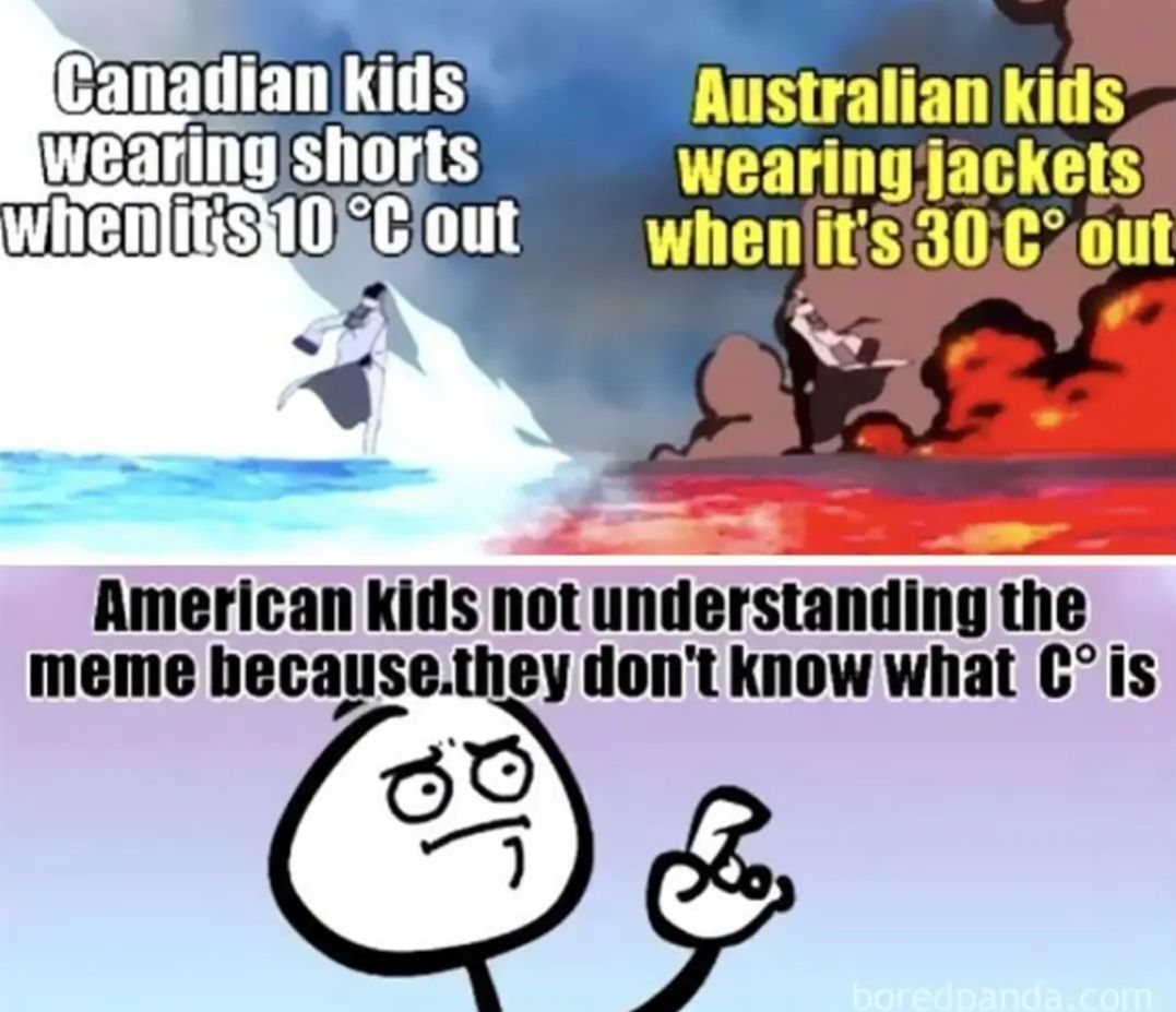 Canadian kids
wearing shorts
when it's 10 °C out
Australian kids
wearing jackets
when it's 30 C° out
American kids not understanding the
meme because.they don't know what C° is
boredpanda.com