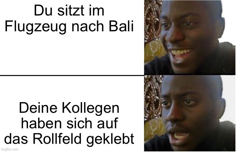 Du sitzt im
Flugzeug nach Bali
Deine Kollegen
haben sich auf
das Rollfeld geklebt

16009