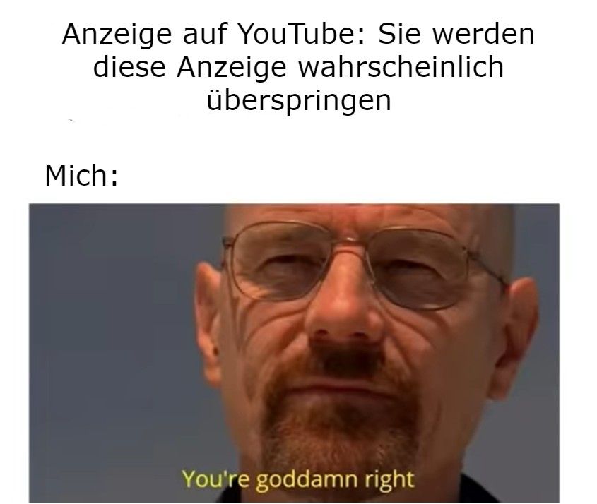 Anzeige auf YouTube: Sie werden
diese Anzeige wahrscheinlich
überspringen
Mich:
You're goddamn right