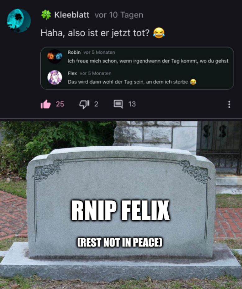 Kleeblatt vor 10 Tagen
Haha, also ist er jetzt tot?
25
Robin vor 5 Monaten
Ich freue mich schon, wenn irgendwann der Tag kommt, wo du gehst
Flex vor 5 Monaten
Das wird dann wohl der Tag sein, an dem ich sterbe
12
13
RNIP FELIX
CREST NOT IN PEACE)