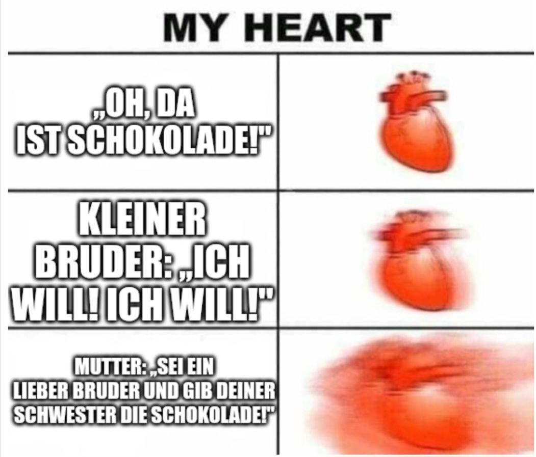 MY HEART
OH,DA
IST SCHOKOLADE!"
KLEINER
BRUDER: ICH
WILL! ICH WILL!
MUTTER: SEI EIN
LIEBER BRUDER UND GIB DEINER
SCHWESTER DIE SCHOKOLADE!"