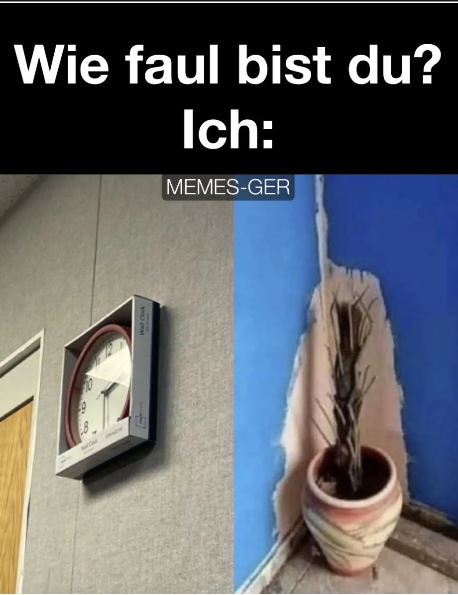 Wie faul bist du?
Ich:
MEMES-GER
10
98
Wall Clock