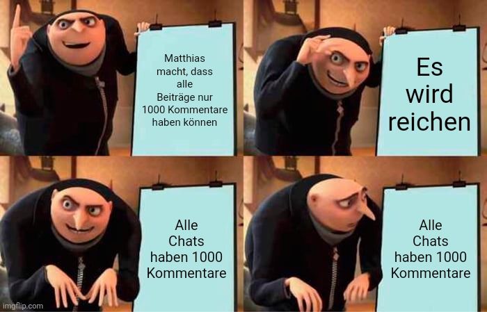 
Matthias
macht, dass
alle
Beiträge nur
1000 Kommentare
haben können
Alle
Chats
haben 1000
Kommentare
wwwww...
Es
wird
reichen
Alle
Chats
haben 1000
Kommentare