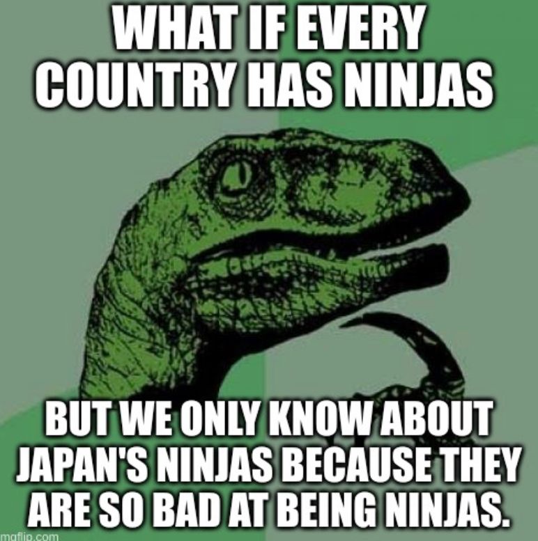 WHAT IF EVERY
COUNTRY HAS NINJAS
SO
BUT WE ONLY KNOW ABOUT
JAPAN'S NINJAS BECAUSE THEY
ARE SO BAD AT BEING NINJAS.
maflip.com