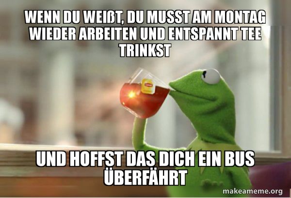 WENN DU WEIBT, DU MUSST AM MONTAG
WIEDER ARBEITEN UND ENTSPANNT TEE
TRINKST
UND HOFFST DAS DICH EIN BUS
ÜBERFÄHRT
makeameme.org