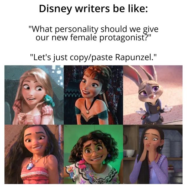 Disney writers be like:
"What personality should we give
our new female protagonist?"
"Let's just copy/paste Rapunzel."