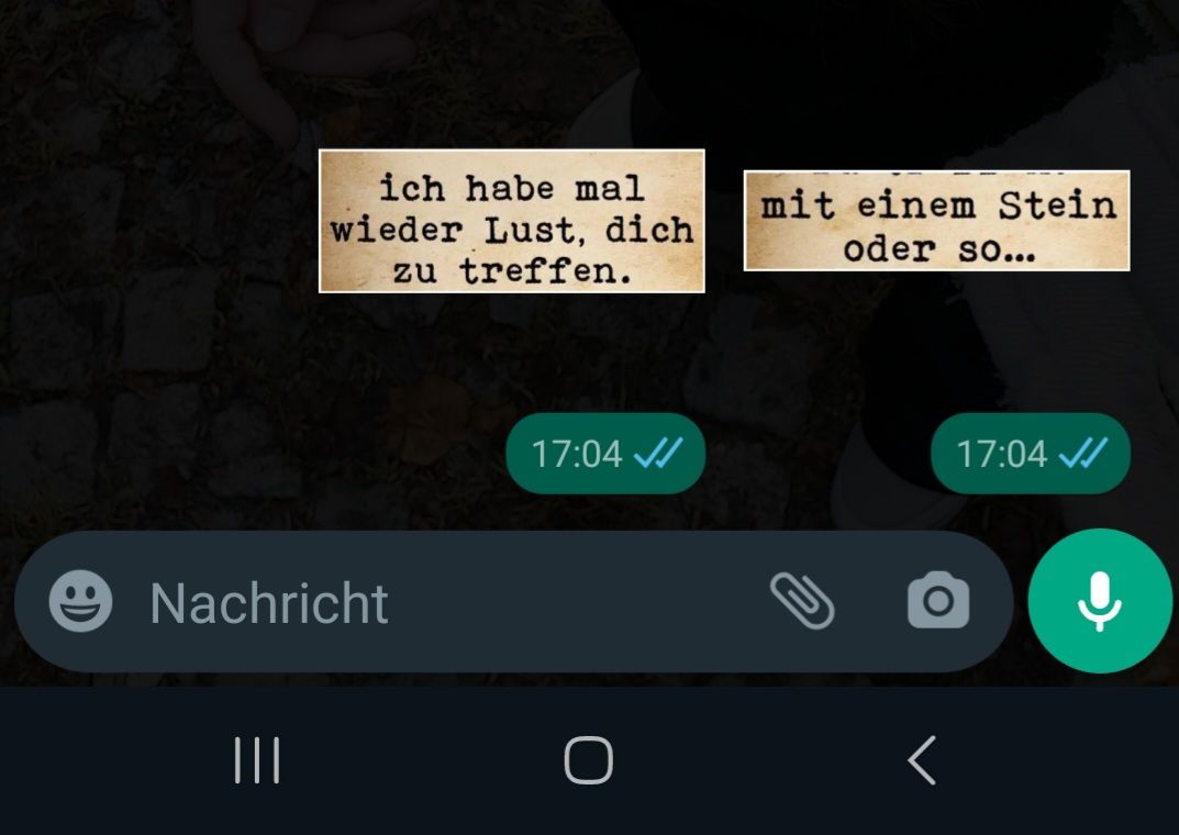 ich habe mal
wieder Lust, dich
zu treffen.
Nachricht
|||
17:04 ✓/
O
mit einem Stein
oder so...
17:04 ✓