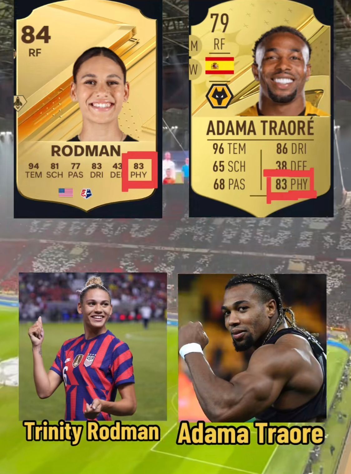 84
RF
RODMAN
94 81 77 83 43 83
TEM SCH PAS DRI DE PHY
VIRTUAL
USA
YEVL
79
M RF
W
ADAMA TRAORÉ
96 TEM
86 DRI
65 SCH
38 DEE
68 PAS
83 PHY
Trinity Rodman Adama Traore