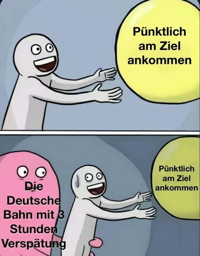 Die
Deutsche
Bahn mit 3
Stunden
Verspätung
Pünktlich
am Ziel
ankommen
Pünktlich
am Ziel
ankommen