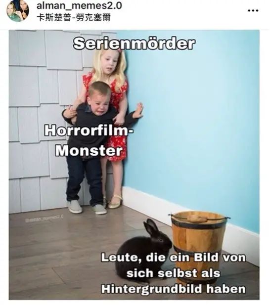 alman_memes2.0
卡斯楚普-勞克塞爾
Serienmörder
Horrorfilm-
Monster
Leute, die ein Bild von
sich selbst als
Hintergrundbild haben