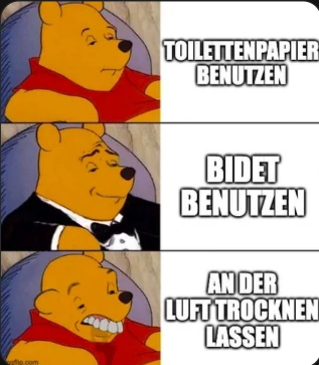 com
TOILETTENPAPIER
BENUTZEN
BIDET
BENUTZEN
AN DER
LUFT TROCKNEN
LASSEN