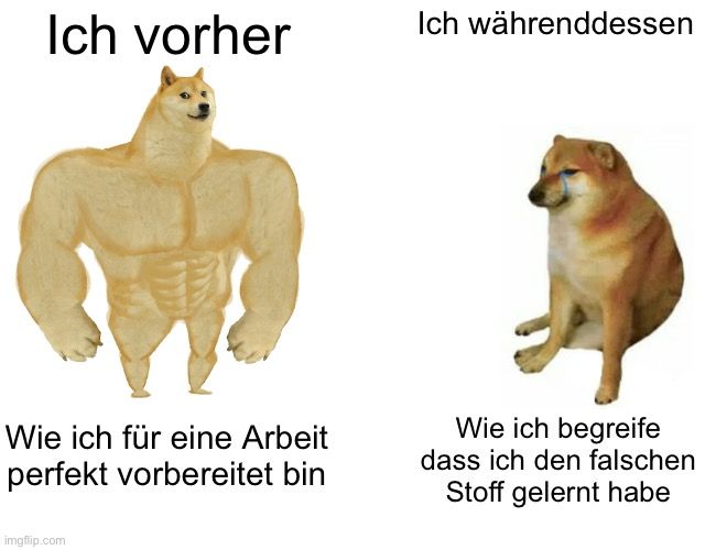 Ich vorher
Wie ich für eine Arbeit
perfekt vorbereitet bin

Ich währenddessen
Wie ich begreife
dass ich den falschen
Stoff gelernt habe