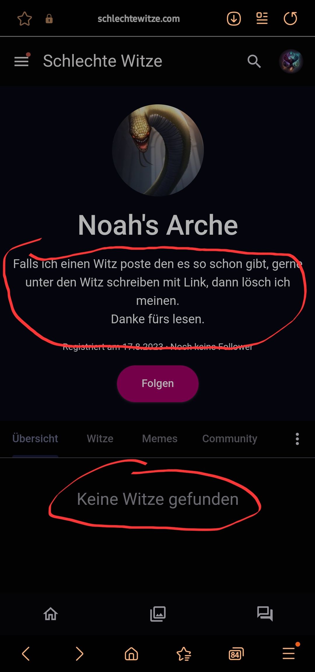 schlechtewitze.com
= Schlechte Witze
Übersicht
meinen.
Danke fürs lesen.
Noah's Arche
Falls ich einen Witz poste den es so schon gibt, gerne
unter den Witz schreiben mit Link, dann lösch ich
Registriert am 17.8.2023. Noch keine Follower
Witze
↓ 역
Folgen
119
Memes Community
Keine Witze gefunden
841
G