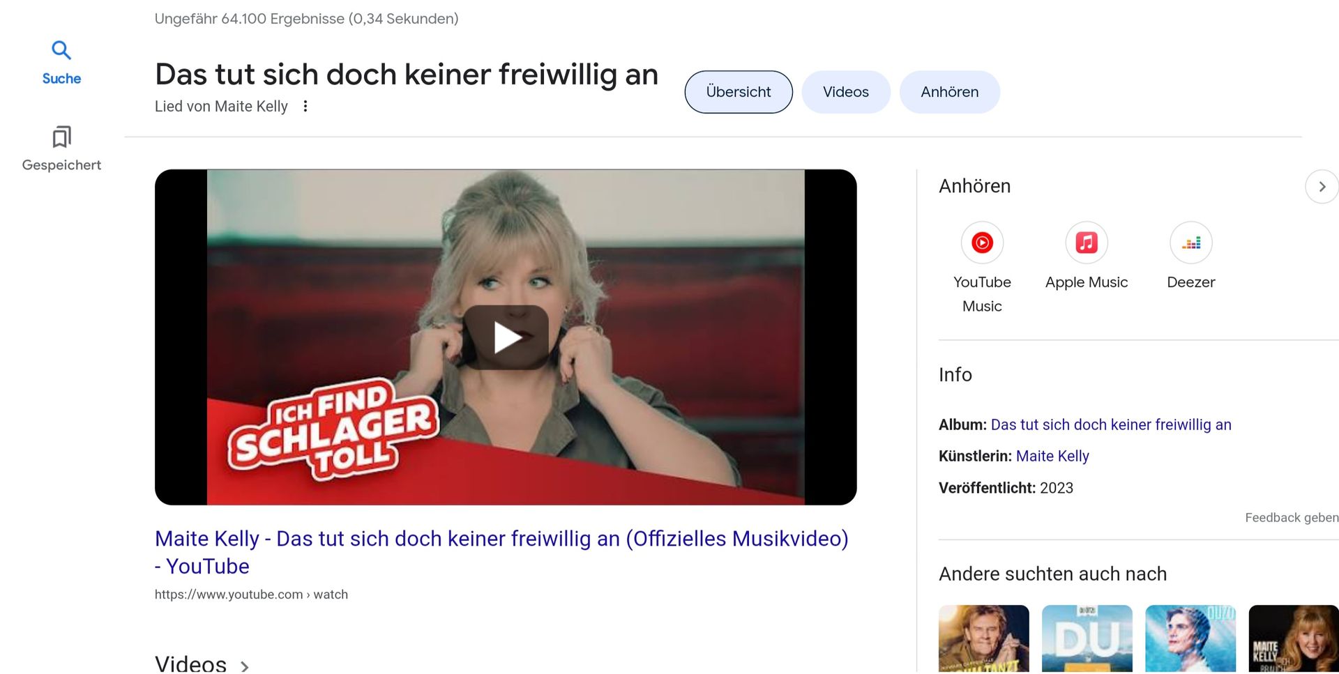 Suche
Gespeichert
Ungefähr 64.100 Ergebnisse (0,34 Sekunden)
Das tut sich doch keiner freiwillig an Übersicht
Lied von Maite Kelly :
ICH FIND
SCHLAGER
TOLL
Maite Kelly - Das tut sich doch keiner freiwillig an (Offizielles Musikvideo)
- YouTube
https://www.youtube.com> watch
Videos
Videos >
Anhören
Anhören
(
YouTube
Music
Info
Apple Music
H
Deezer
Album: Das tut sich doch keiner freiwillig an
Künstlerin: Maite Kelly
Veröffentlicht: 2023
Andere suchten auch nach
D
DU
Feedback geben
MAITE
KELLY
CH
>
PAMICH