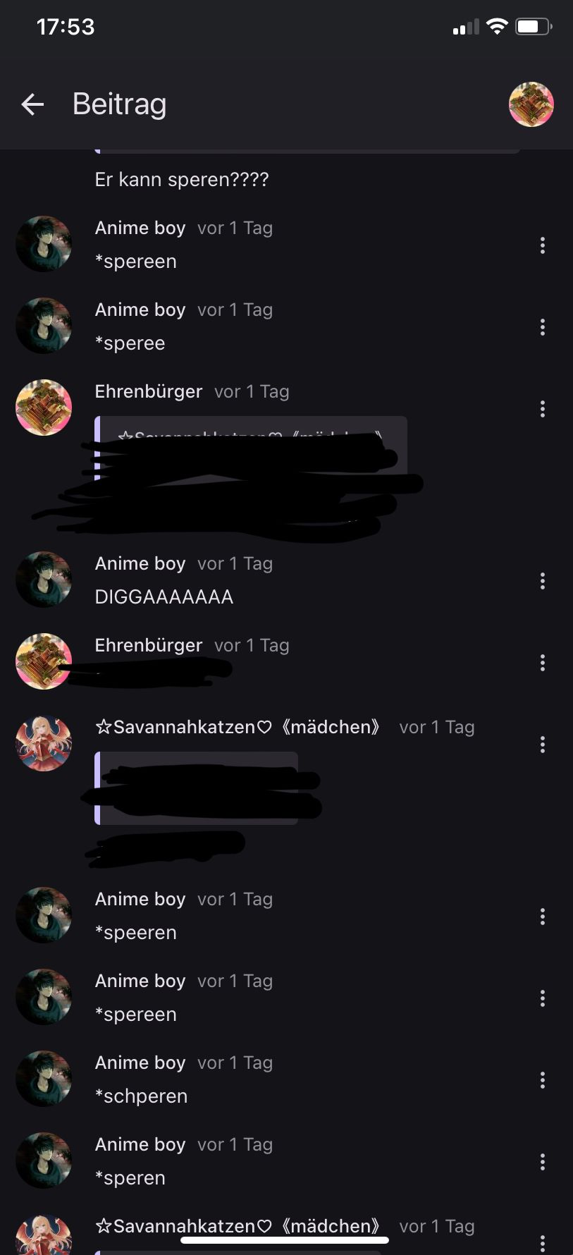 17:53
← Beitrag
Er kann speren????
Anime boy vor 1 Tag
*spereen
Anime boy vor 1 Tag
*speree
Ehrenbürger vor 1 Tag
Anime boy vor 1 Tag
DIGGAAAAAAA
Ehrenbürger vor 1 Tag
☆Savannahkatzen «mädchen vor 1 Tag
Anime boy vor 1 Tag
*speeren
Anime boy vor 1 Tag
*spereen
Anime boy vor 1 Tag
*schperen
Anime boy vor 1 Tag
*speren
☆Savannahkatzen «mädchen» vor 1 Tag
...
...
...
...
...
...
...
...
...
...