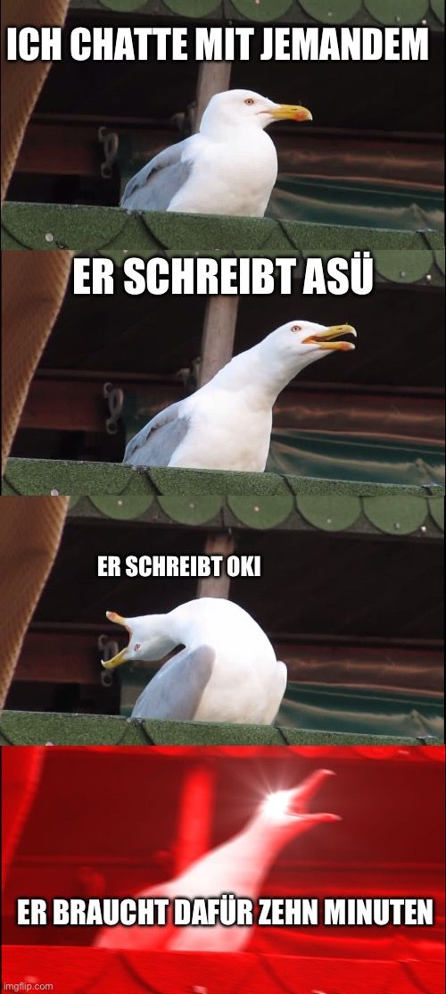 ICH CHATTE MIT JEMANDEM
ER SCHREIBT ASÜ

ER SCHREIBT OKI
ER BRAUCHT DAFÜR ZEHN MINUTEN