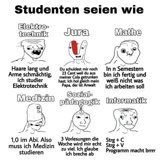 Studenten seien wie
Elektro-
technik
Haare lang und
Arme schmächtig,
ich studier
Elektrotechnik
Medizin
1,0 im Abi. Also
muss ich Medizin
studieren
Jura
Du schuldest mir noch
23
meiner Cola getrunken
hast Ich hol gleich mein
Papa, der ist Anwalt
Mathe
3 Vorlesungen die
Woche wird mir echt
zu viel. Ich glaube
ich breche ab
In n Semestern
bin ich fertig und
weiß nicht was
ich arbeiten soll
Sozial-
pädagogik Informatik
Strg + C
Strg +V
Programm macht brrrr