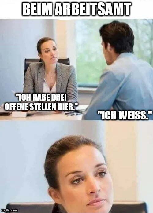 BEIM ARBEITSAMT
"ICH HABE DREI
OFFENE STELLEN HIER."

"ICH WEISS."