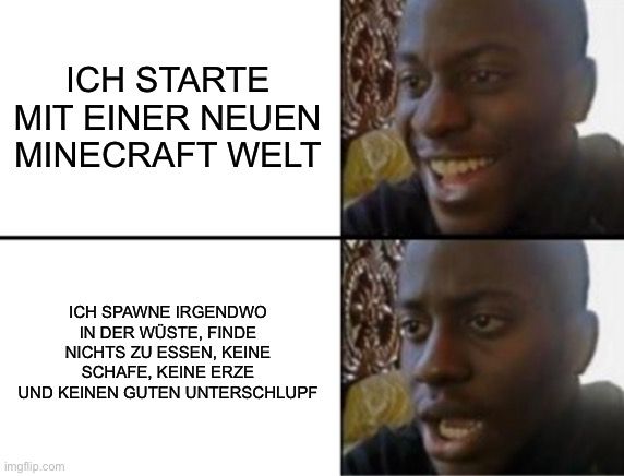 ICH STARTE
MIT EINER NEUEN
MINECRAFT WELT
ICH SPAWNE IRGENDWO
IN DER WÜSTE, FINDE
NICHTS ZU ESSEN, KEINE
SCHAFE, KEINE ERZE
UND KEINEN GUTEN UNTERSCHLUPF
