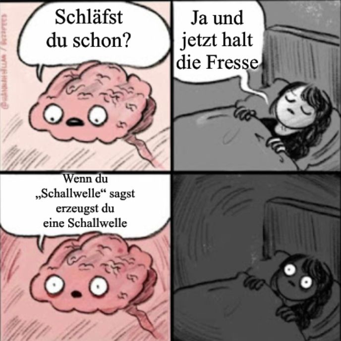 PHL/UPEES
Schläfst
du schon?
Wenn du
,,Schallwelle" sagst
erzeugst du
eine Schallwelle
B
Ja und
jetzt halt
die Fresse
two