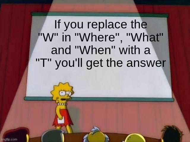 Lisa Simpson steht vor einer Leinwand und präsentiert eine Textfolie. Auf der Folie steht: "If you replace the 'W' in 'Where', 'What' and 'When' with a 'T' you'll get the answer."