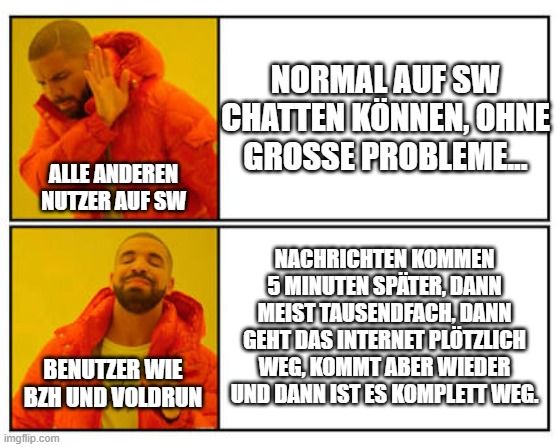 ALLE ANDEREN
NUTZER AUF SW
BENUTZER WIE
BZH UND VOLDRUN

NORMAL AUF SW
CHATTEN KÖNNEN, OHNE
GROSSE PROBLEME...
NACHRICHTEN KOMMEN
5 MINUTEN SPÄTER, DANN
MEIST TAUSENDFACH, DANN
GEHT DAS INTERNET PLÖTZLICH
WEG, KOMMT ABER WIEDER
UND DANN IST ES KOMPLETT WEG.