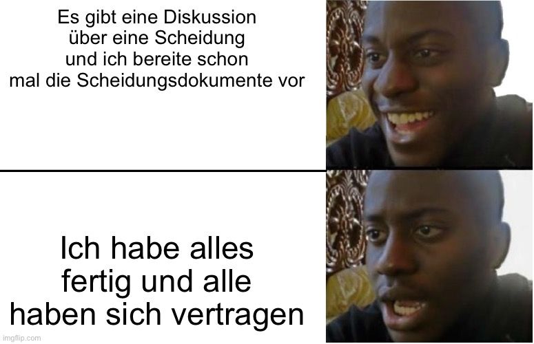 Es gibt eine Diskussion
über eine Scheidung
und ich bereite schon
mal die Scheidungsdokumente vor
Ich habe alles
fertig und alle
haben sich vertragen

WA00