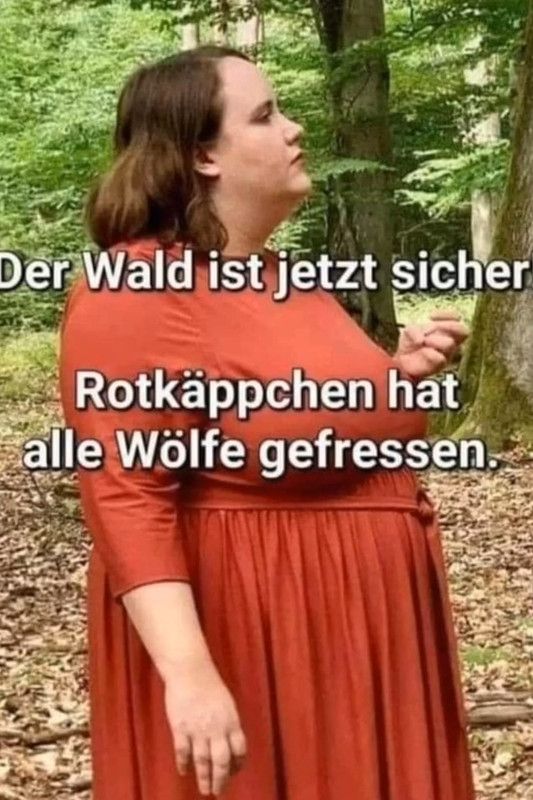 Der Wald ist jetzt sicher
Rotkäppchen hat
alle Wölfe gefressen.