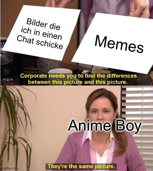 mgflip.com
Bilder die
ich in einen
Chat schicke
Memes
Corporate needs you to find the differences
between this picture and this picture.
Anime Boy
They're the same picture.